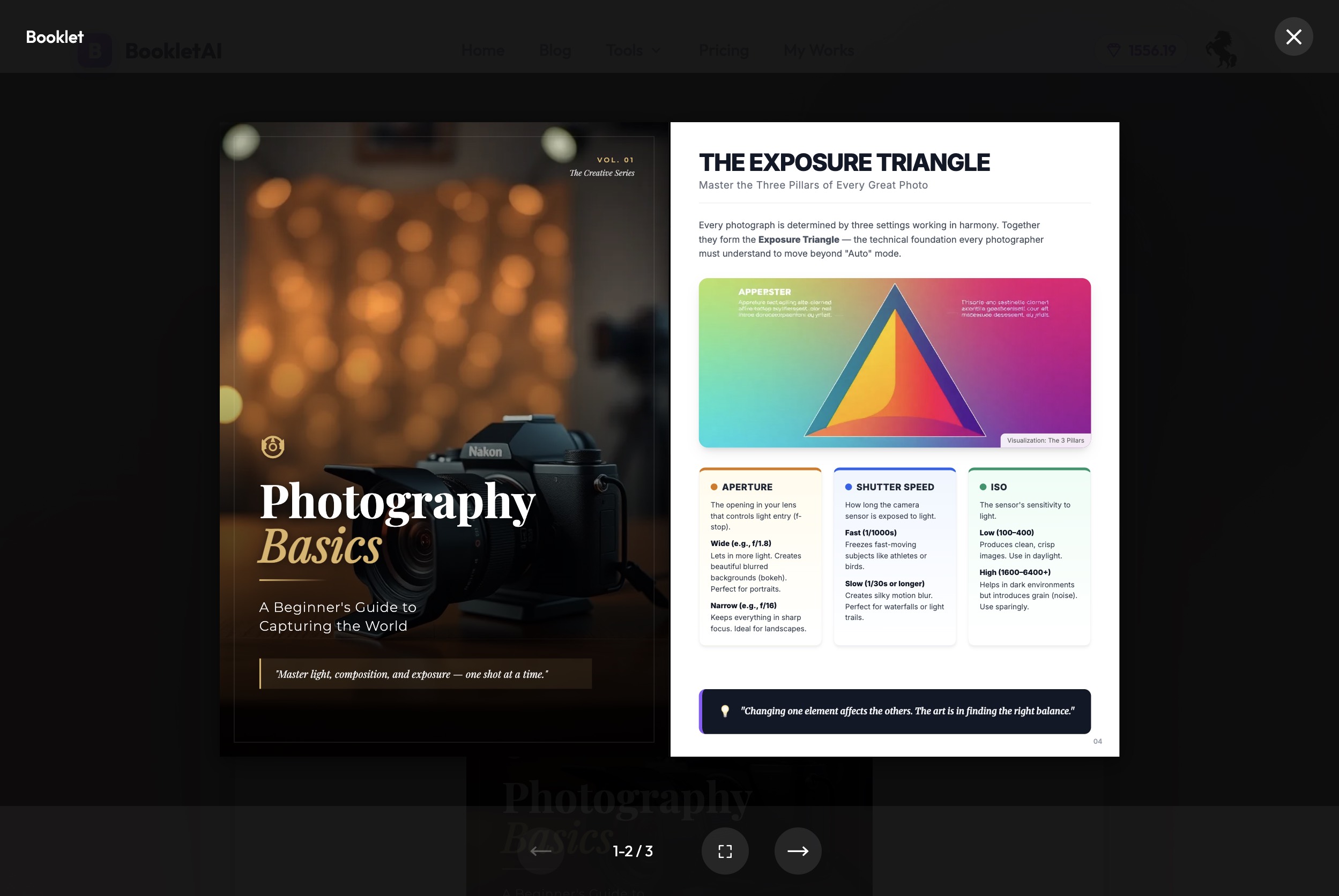 Photography Basics guide showing cover and exposure triangle diagram in Booklet AI viewer