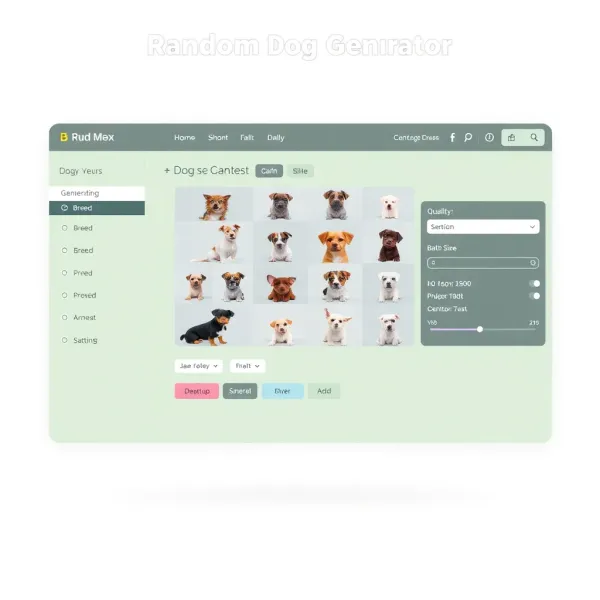 Modern random dog generator interface displaying breed selection controls and image grid